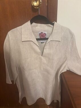 Light Beige Linen-Blend Short Sleeve Button-Down Top